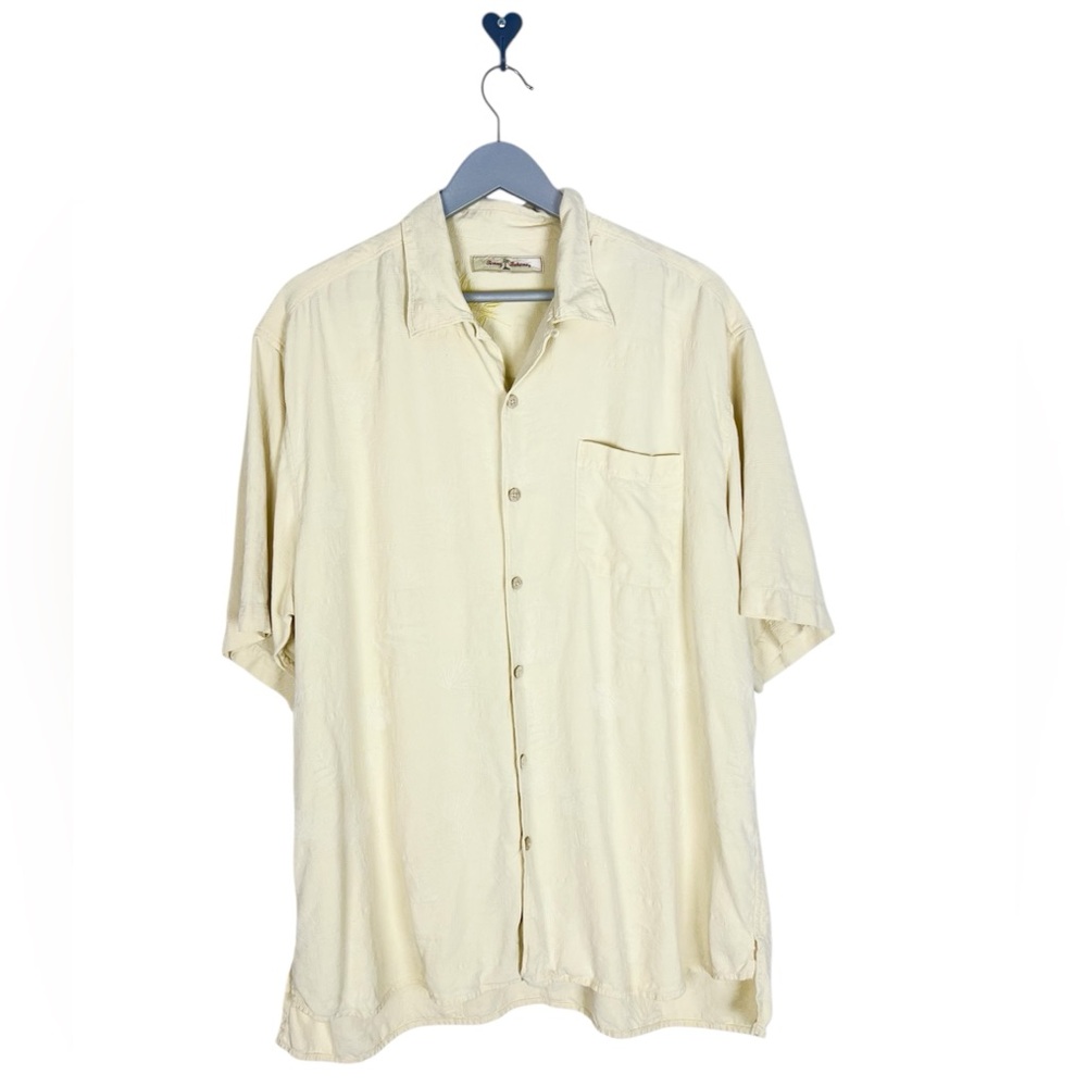 Tommy Bahama 100% Silk Butter Yellow Short Sleeve Button Down Shirt Top Men's XL